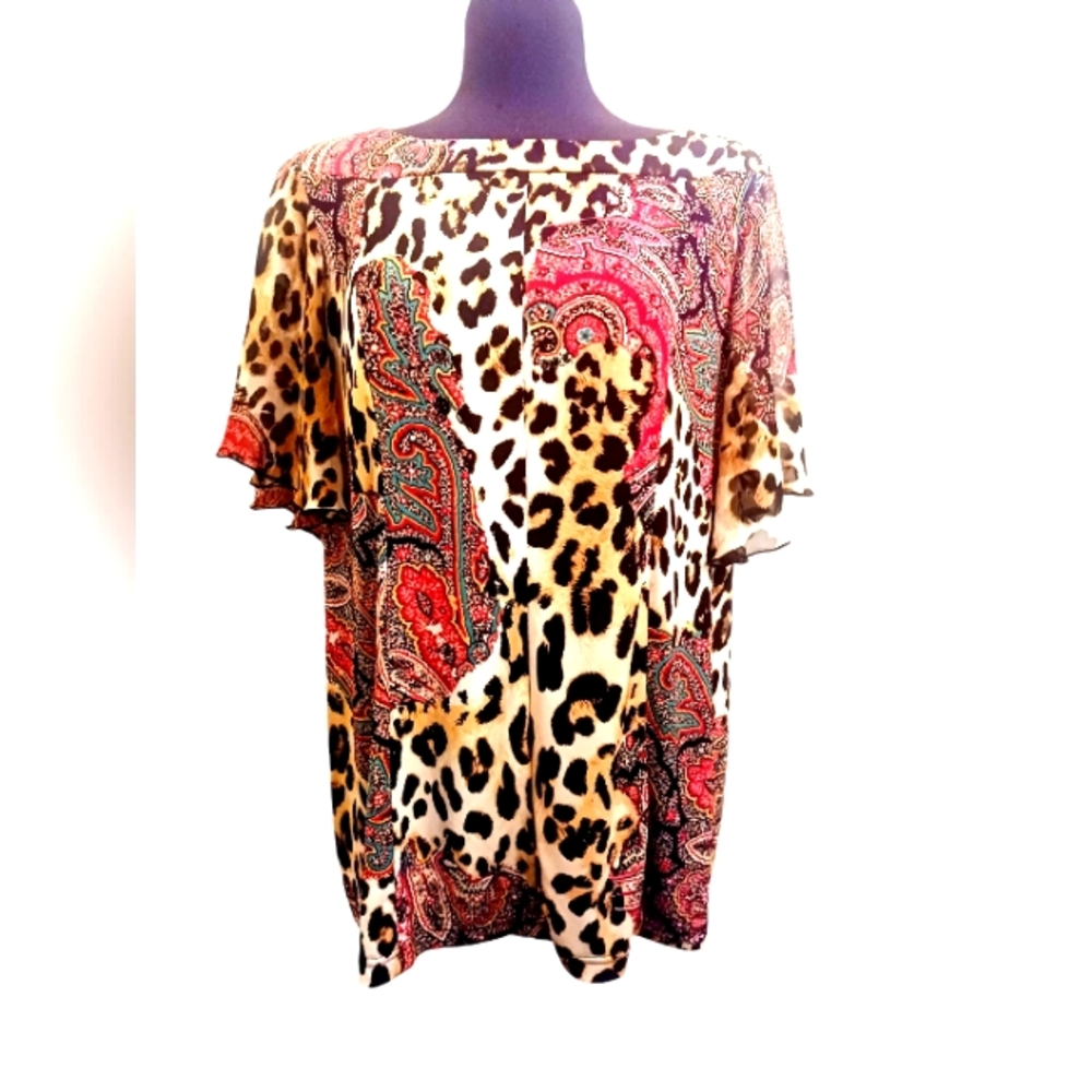 Cheetah Print Short Sleeve Blouse with Bell Sleeves Size 1X by George Simonton